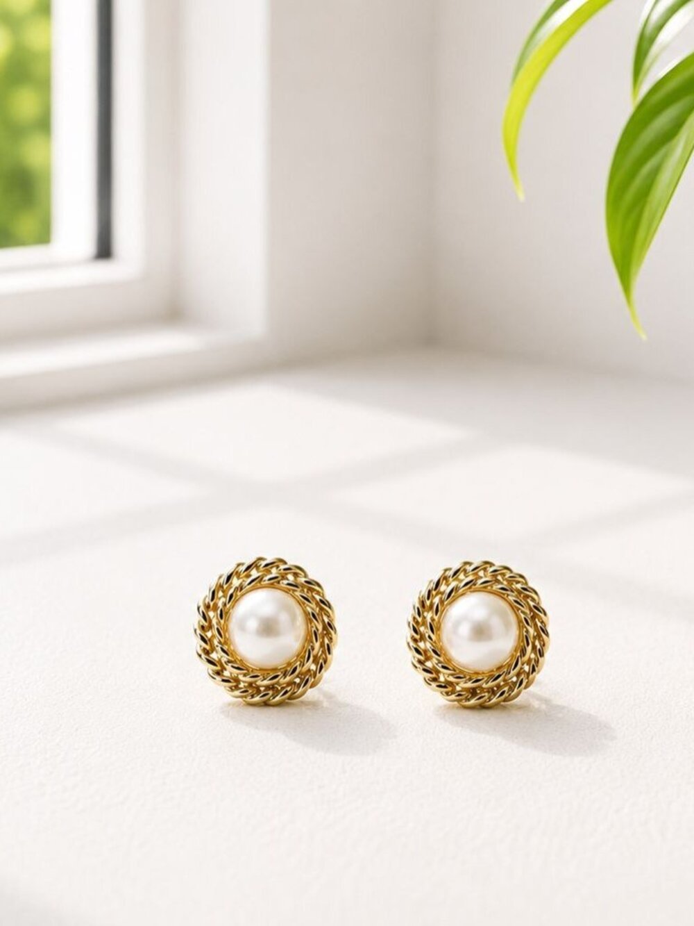 Vintage Gold-Tone Clip-On Earrings With Faux Pearl Center & Twisted Rope Design